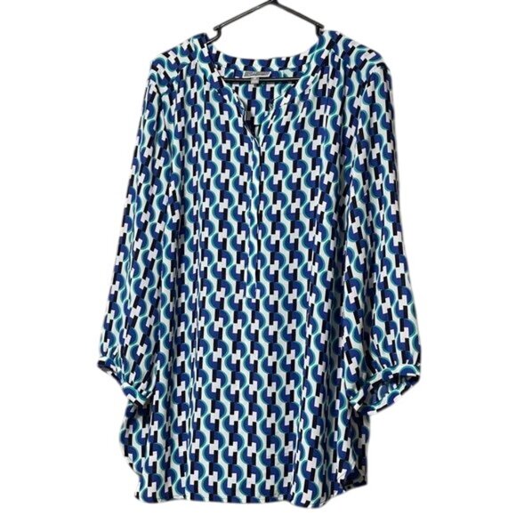 JM Collection Geometric Split V-Neck Blouse 3/4 Sleeve Blue White Women Plus 3X - Picture 1 of 7